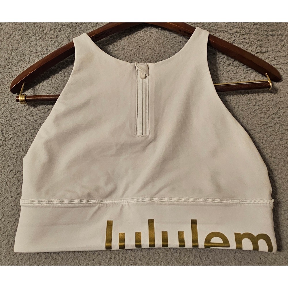Lululemon Energy Bra Zip Front High Support White Gold Logo Size 8 LW2CR7S